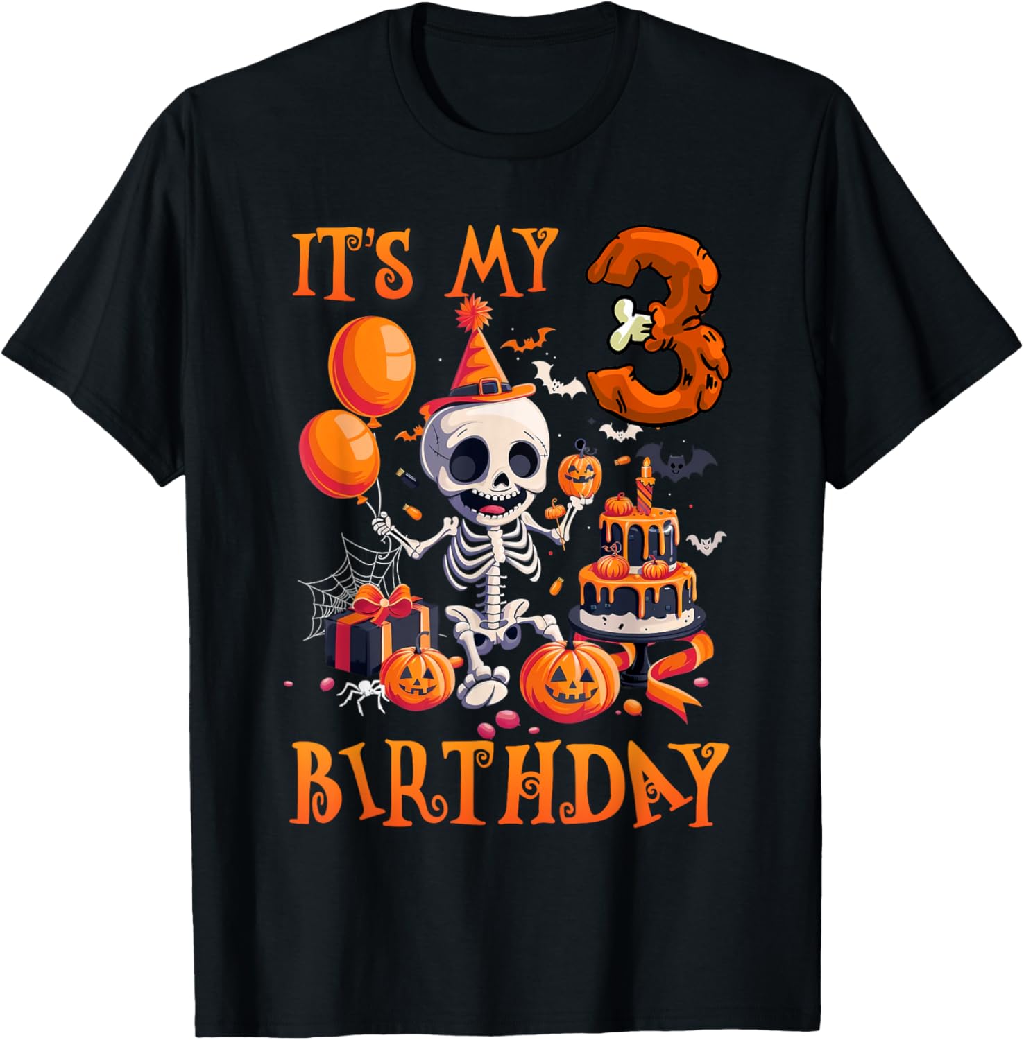 Kids Boo It's My 3rd Birthday Halloween Skeleton 3 Years Old T-Shirt - T-Shirt | Black