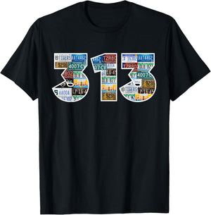 Detroit 313 License Plates Motor City Downtown Michigan T-Shirt - T-Shirt | Black