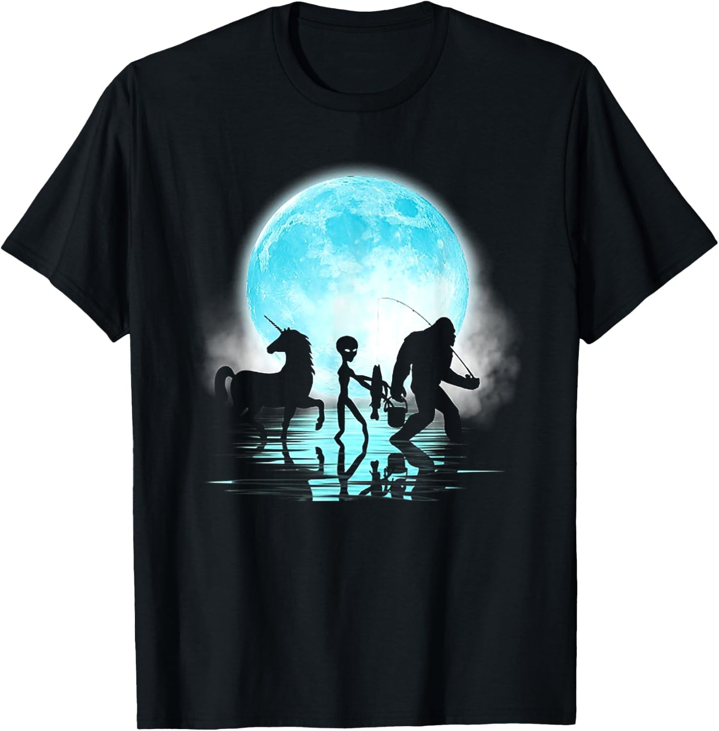 Funny Bigfoot Alien Unicorn Fishing T-Shirt - T-Shirt | Black
