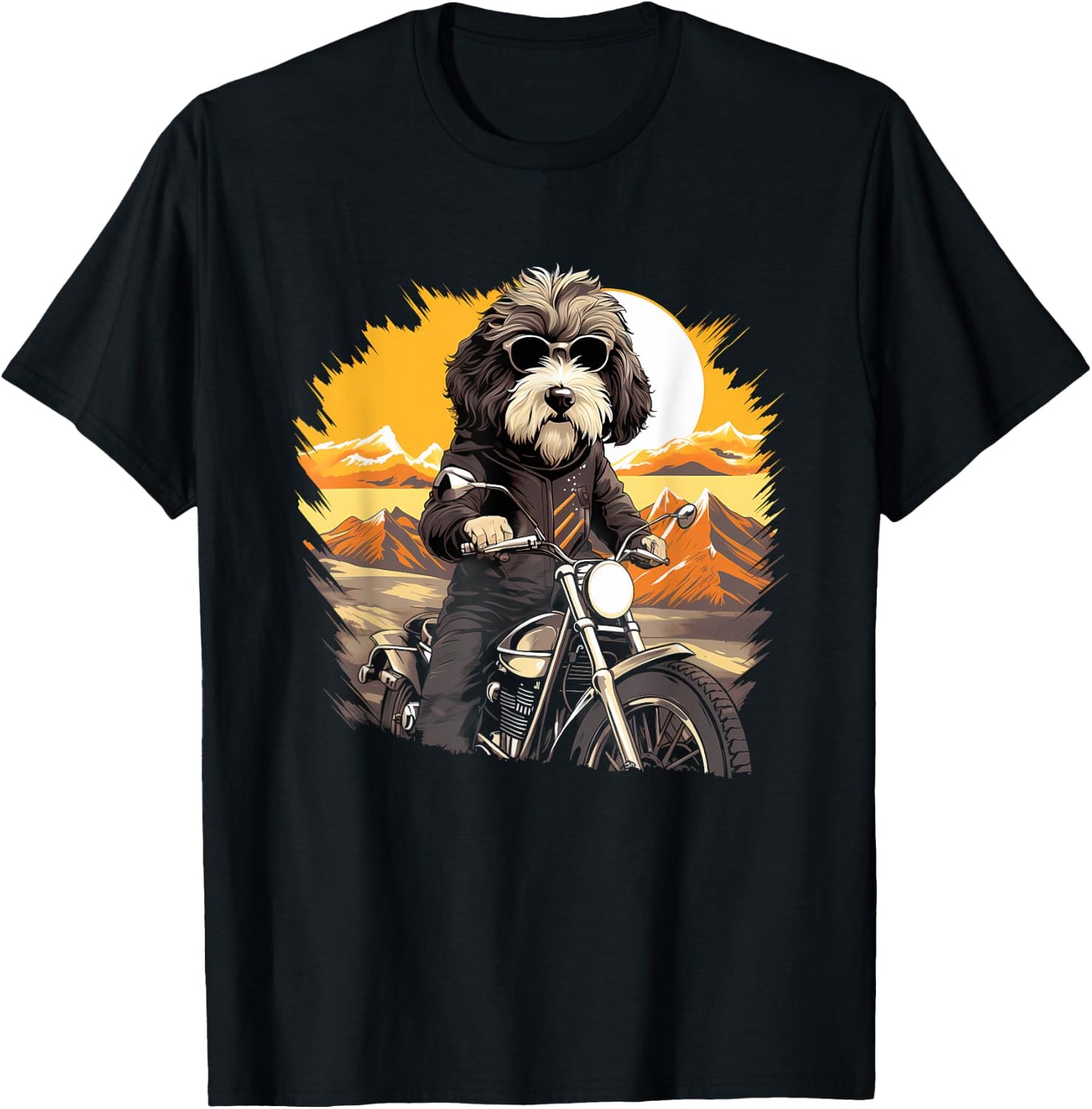 Biker Sheepadoodle Dog Riding Motorcycle T-Shirt - T-Shirt | Black