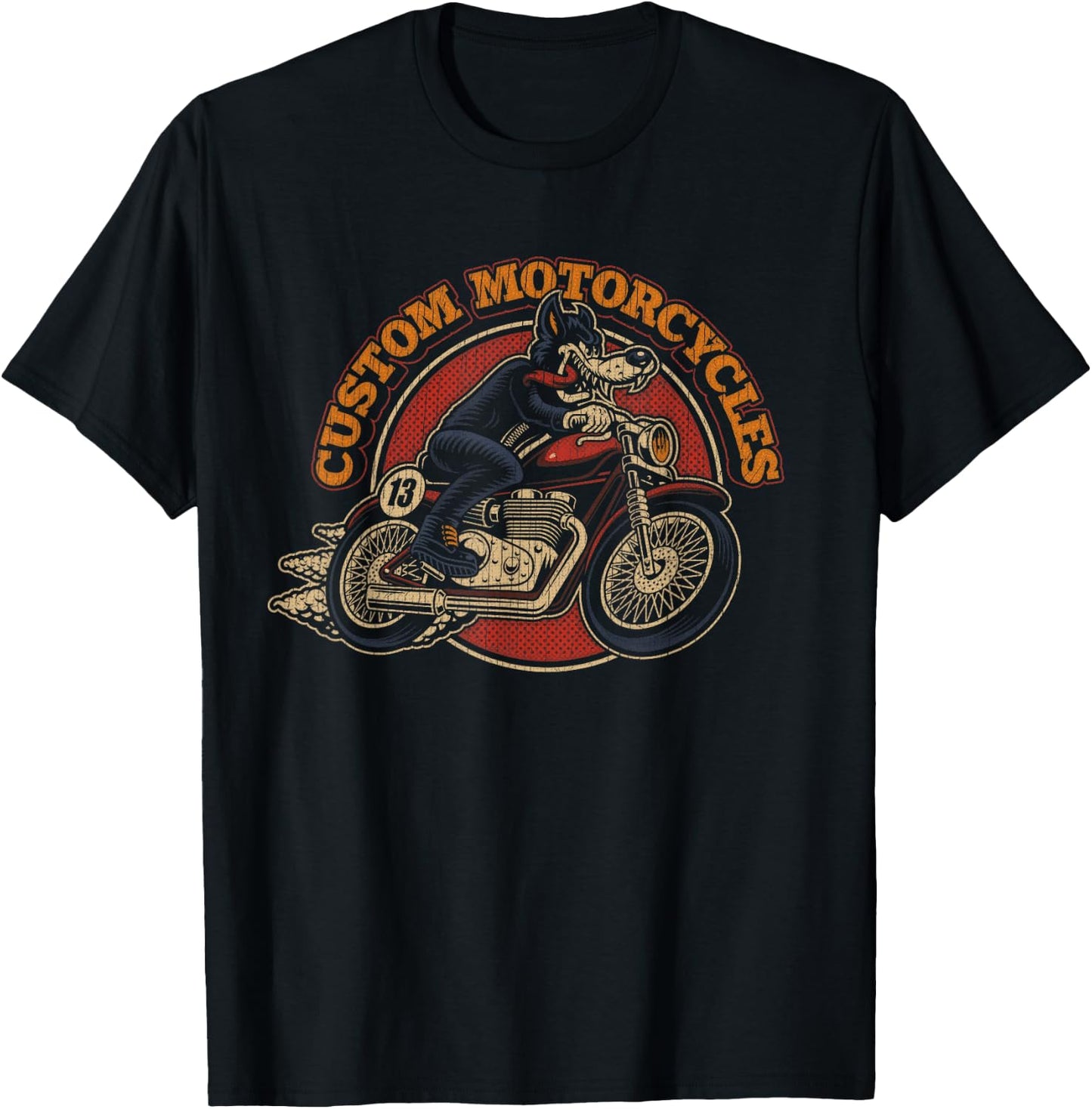 "Custom Motorcycles" Retro Biker Lowbrow Wolf Rockabilly 50s T-Shirt - T-Shirt | Black