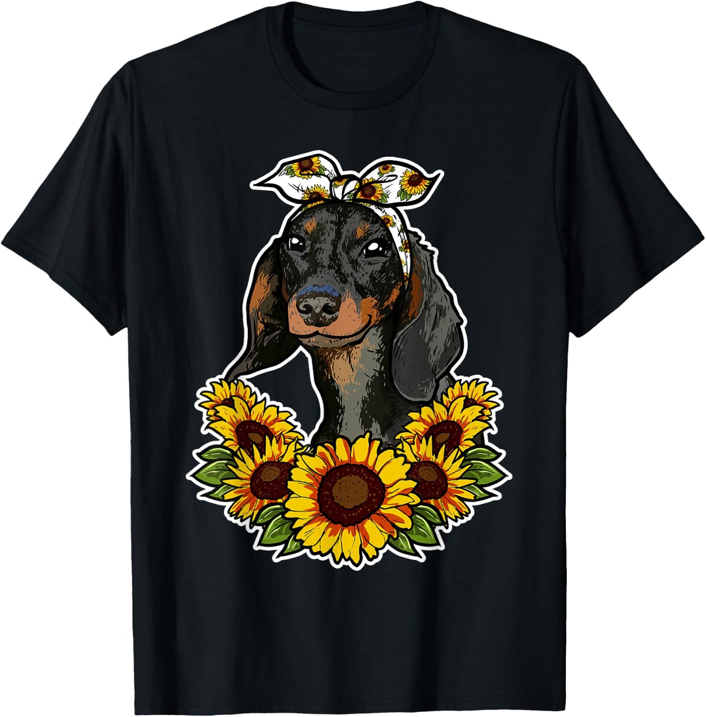 Cute Dog Love Gift Sunflowers Decor Dachshund Women Girls Kids T-Shirt - T-Shirt | Black