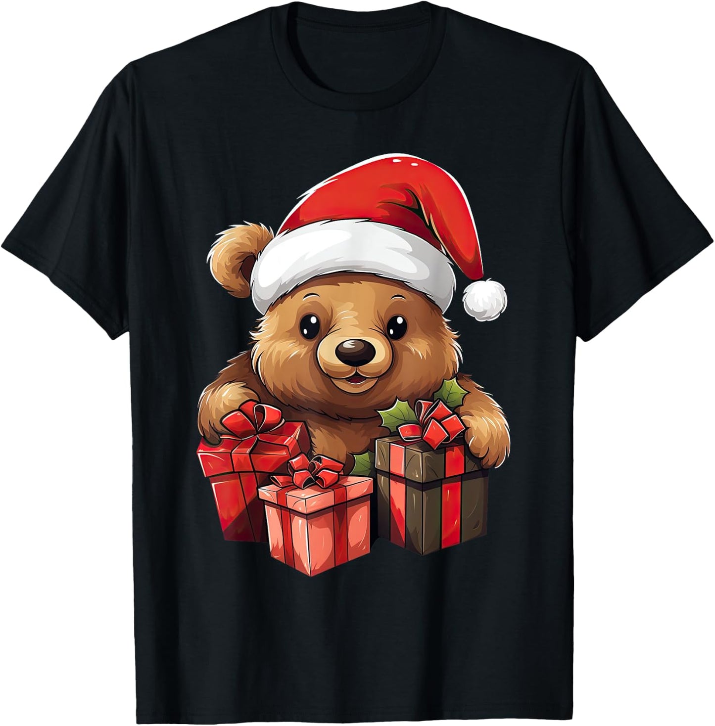 Teddy Bear Santa Claus Hat Christmas Pajama Xmas Party T-Shirt - T-Shirt | Black