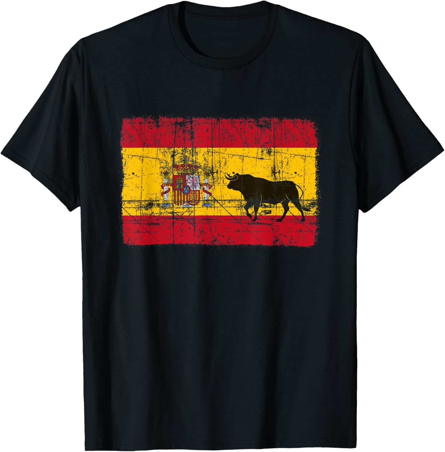 Spain Spanish Flag Bull El Matador Distressed Graphic Black T-Shirt - T-Shirt | Black
