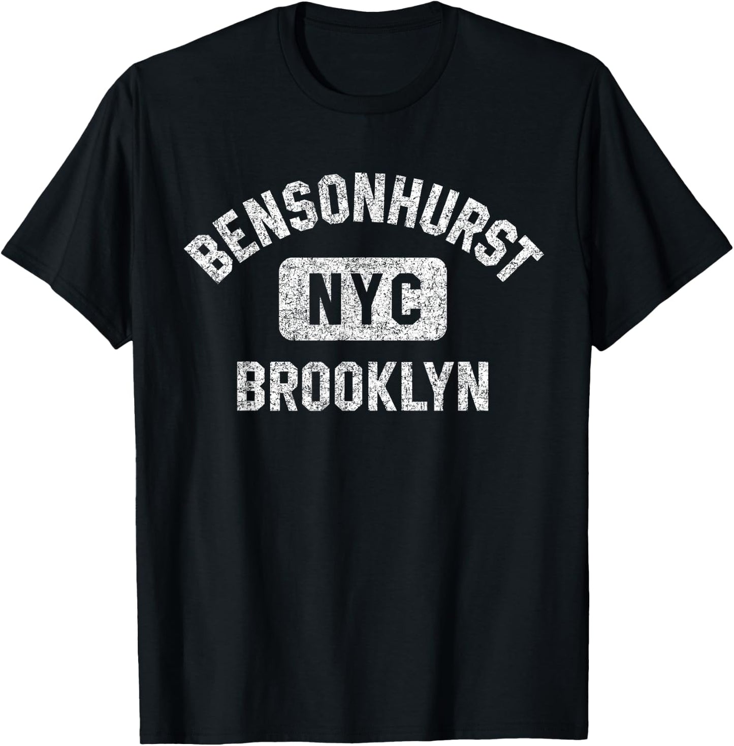 Bensonhurst Brooklyn NYC Gym Style Distressed White Print T-Shirt - T-Shirt | Black