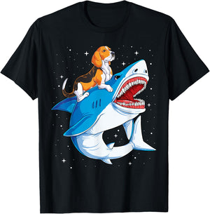 Beagle Riding Shark Jawsome Dog Lover Gifts Space Galaxy Men Women Kids T-Shirt - T-Shirt | Black