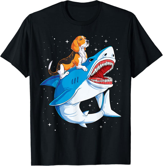 Beagle Riding Shark Jawsome Dog Lover Gifts Space Galaxy Men Women Kids T-Shirt - T-Shirt | Black
