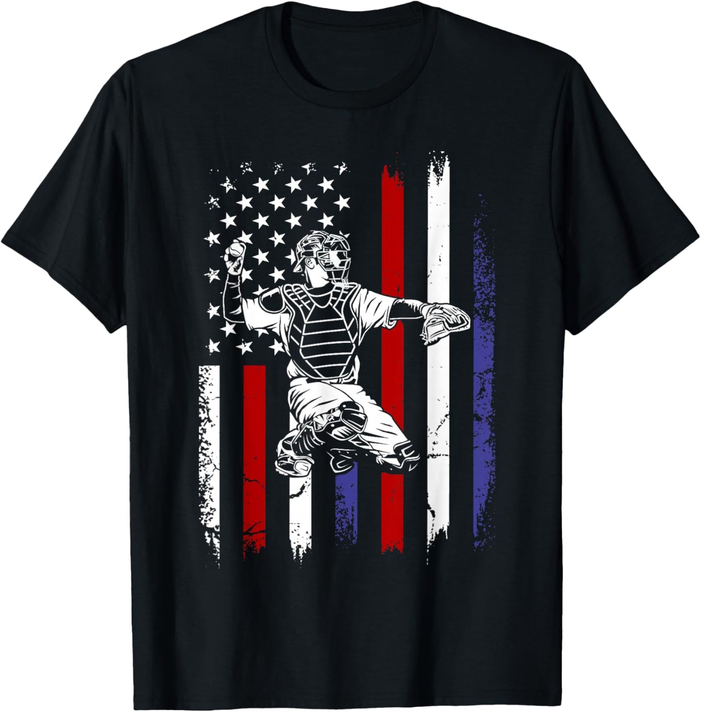 Baseball American Flag Patriotic Catcher 4th of July T-Shirt - T-Shirt | Black