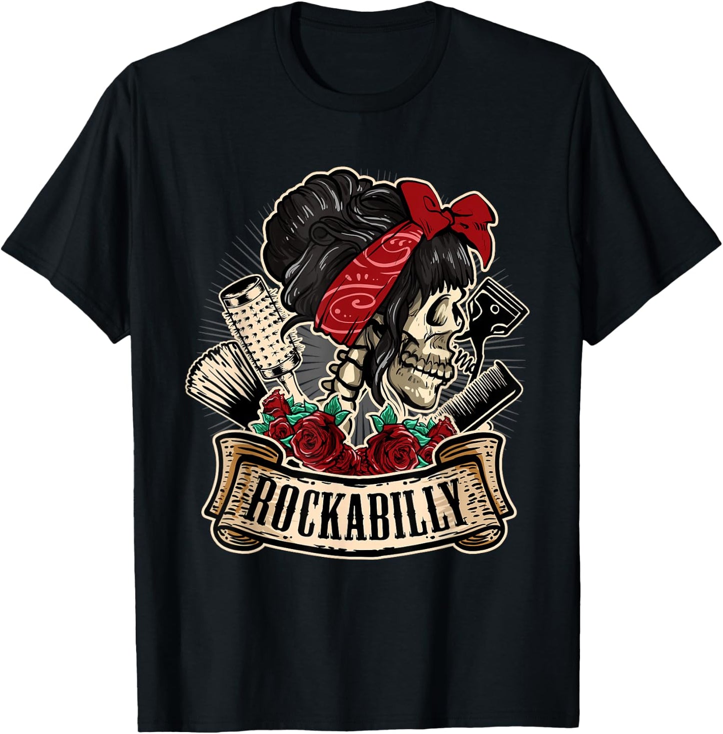 Rockabilly Girl Skull Pin-Up Hairstylist Hairdresser T-Shirt - T-Shirt | Black