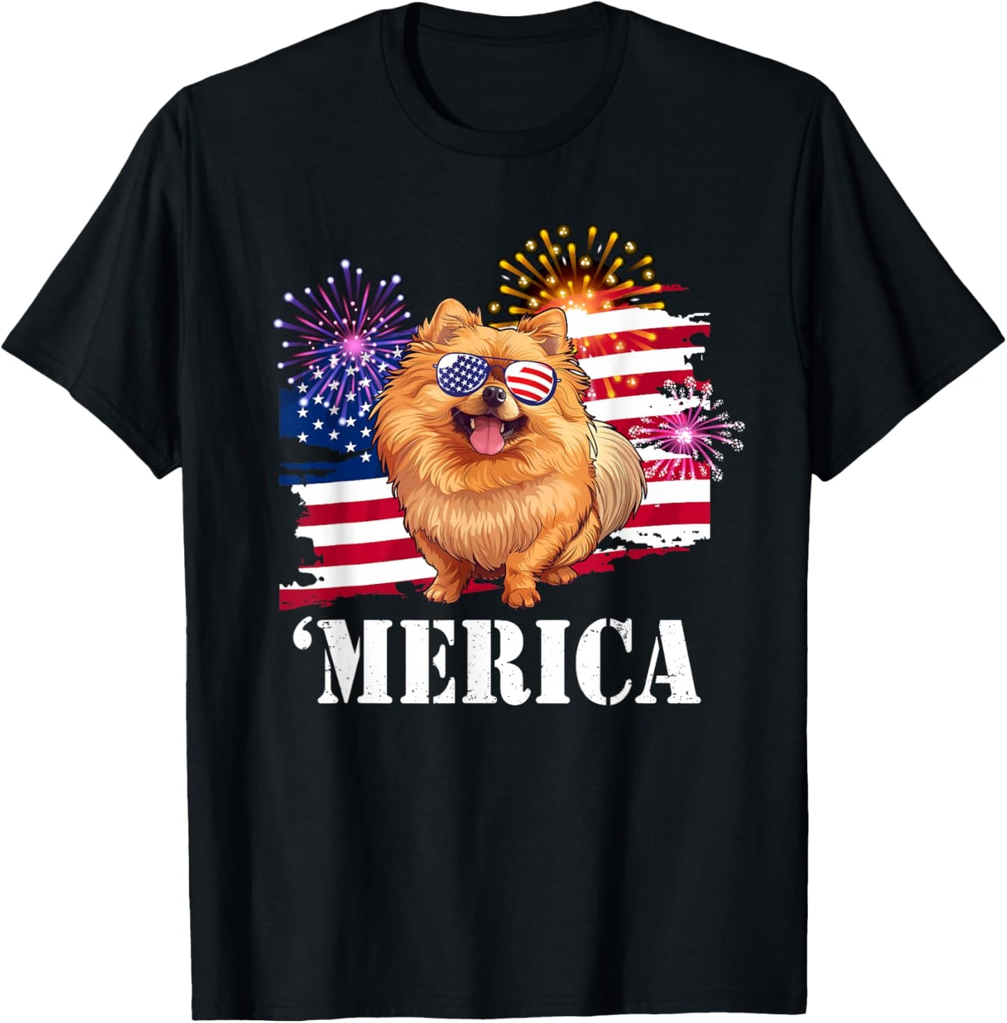 Patriotic America USA Flag Merica 4th July Pomeranian Lover T-Shirt - T-Shirt | Black