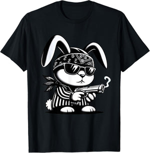 Thug Bunny Rabbit Gangster Rabbit With Gun Funny Rabbit T-Shirt - T-Shirt | Black