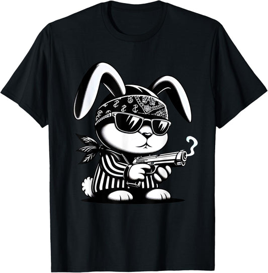 Thug Bunny Rabbit Gangster Rabbit With Gun Funny Rabbit T-Shirt - T-Shirt | Black