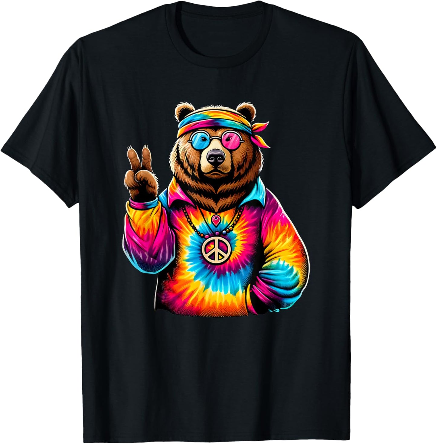 Peace Sign Tie Dye Grizzly Bear T-Shirt - T-Shirt | Black
