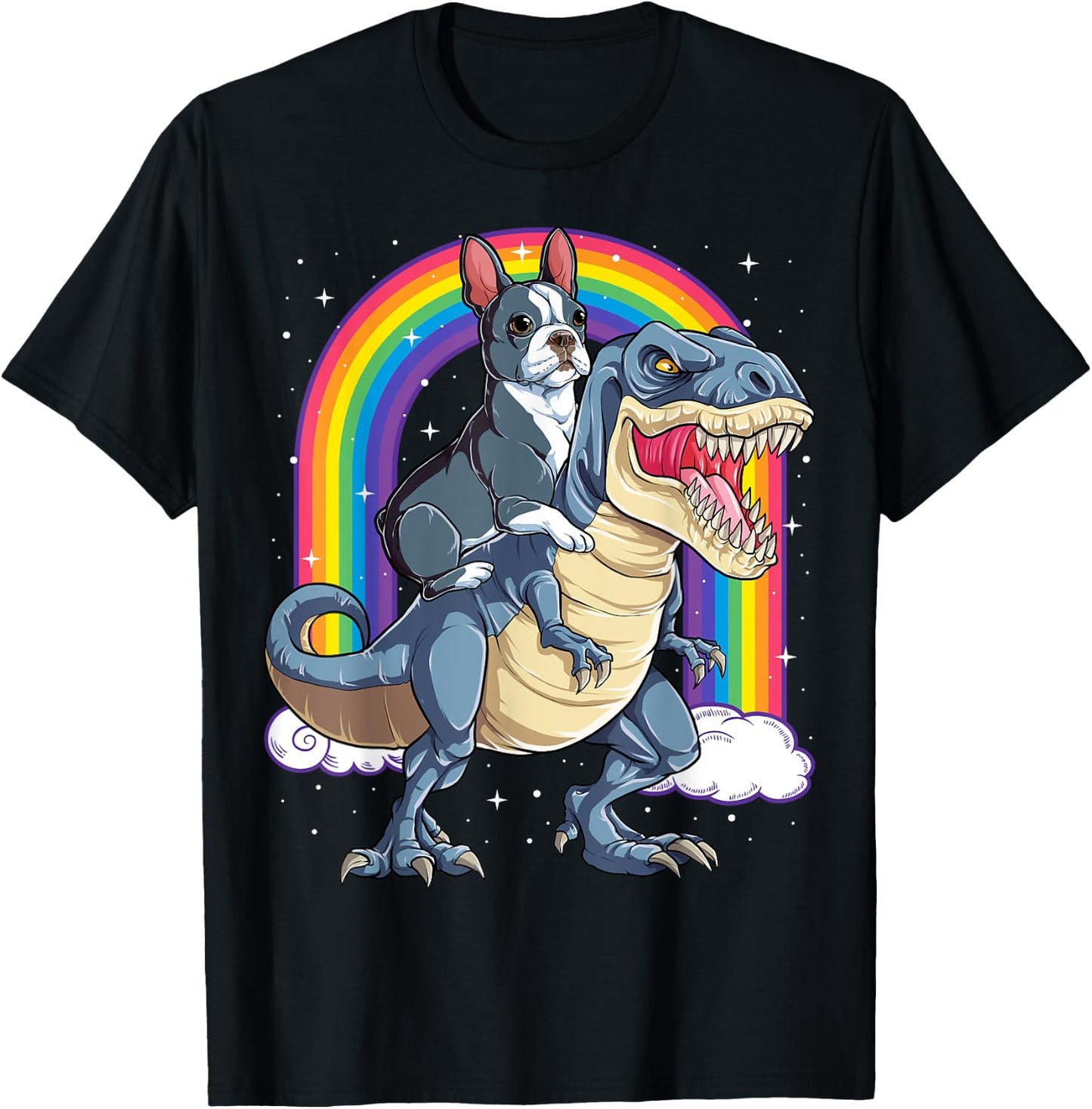 Boston Terrier Riding Dinosaur T-rex Gifts Boys Kids Rainbow T-Shirt - T-Shirt | Black