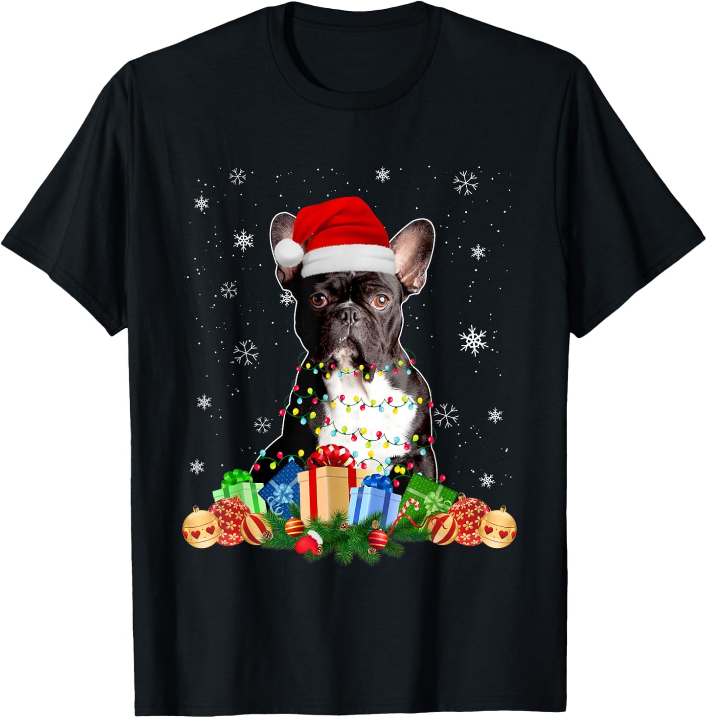 French Bulldog Dog Christmas Lights Santa Puppy Dog Lover Men Women Kids T-Shirt - T-Shirt | Black