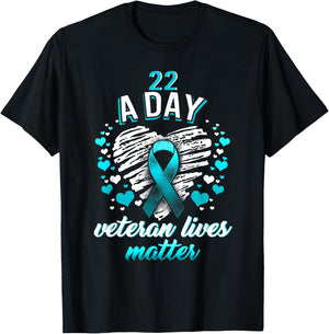 PTSD Awareness 22 a Day Veteran Lives Matter Teal Ribbon T-Shirt - T-Shirt | Black
