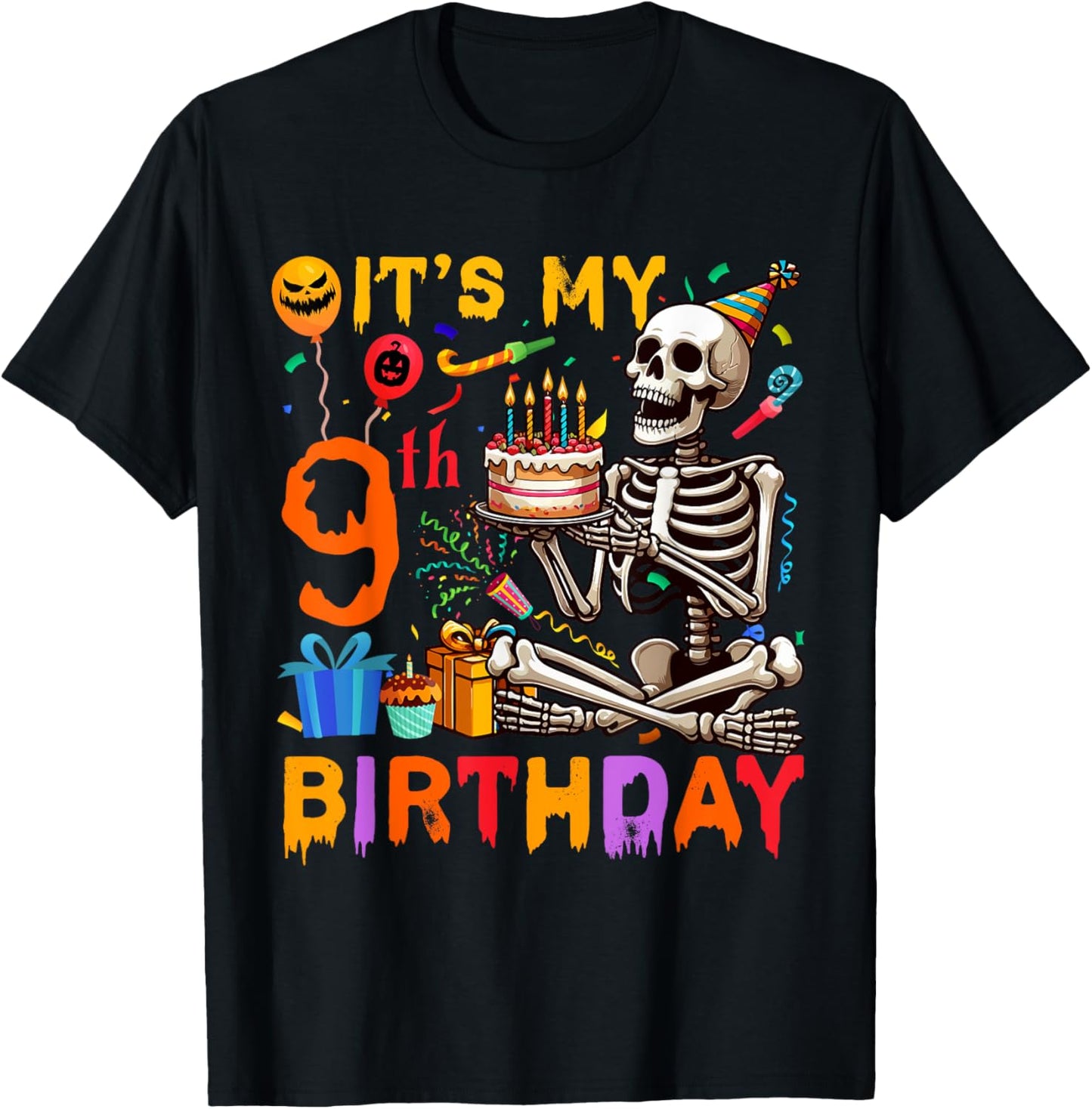 It's My 9th Birthday Halloween Skeleton Matching Party T-Shirt - T-Shirt | Black