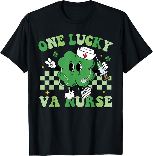 Groovy One Lucky VA Nurse Shamrock Patrick's Day T-Shirt - T-Shirt | Black