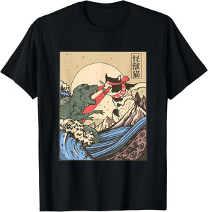 Monster Cat and Dinosaur fight Japanese style T-Shirt - T-Shirt | Black