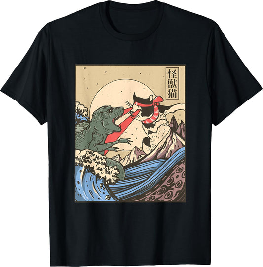 Monster Cat and Dinosaur fight Japanese style T-Shirt - T-Shirt | Black