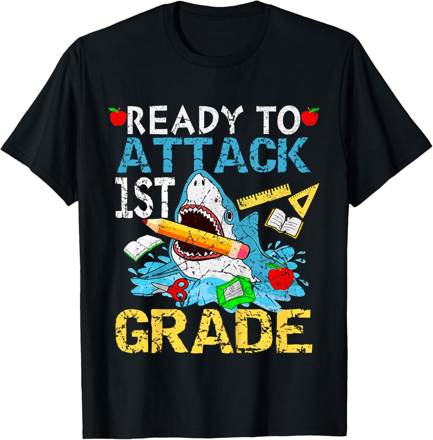 Shark Ready To Attack 1ST Grade Funny 1ST First Day School T-Shirt - T-Shirt | Black