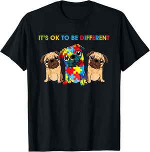 It's Ok to Be Different Three Pugs Autism Awareness T-Shirt - T-Shirt | Black