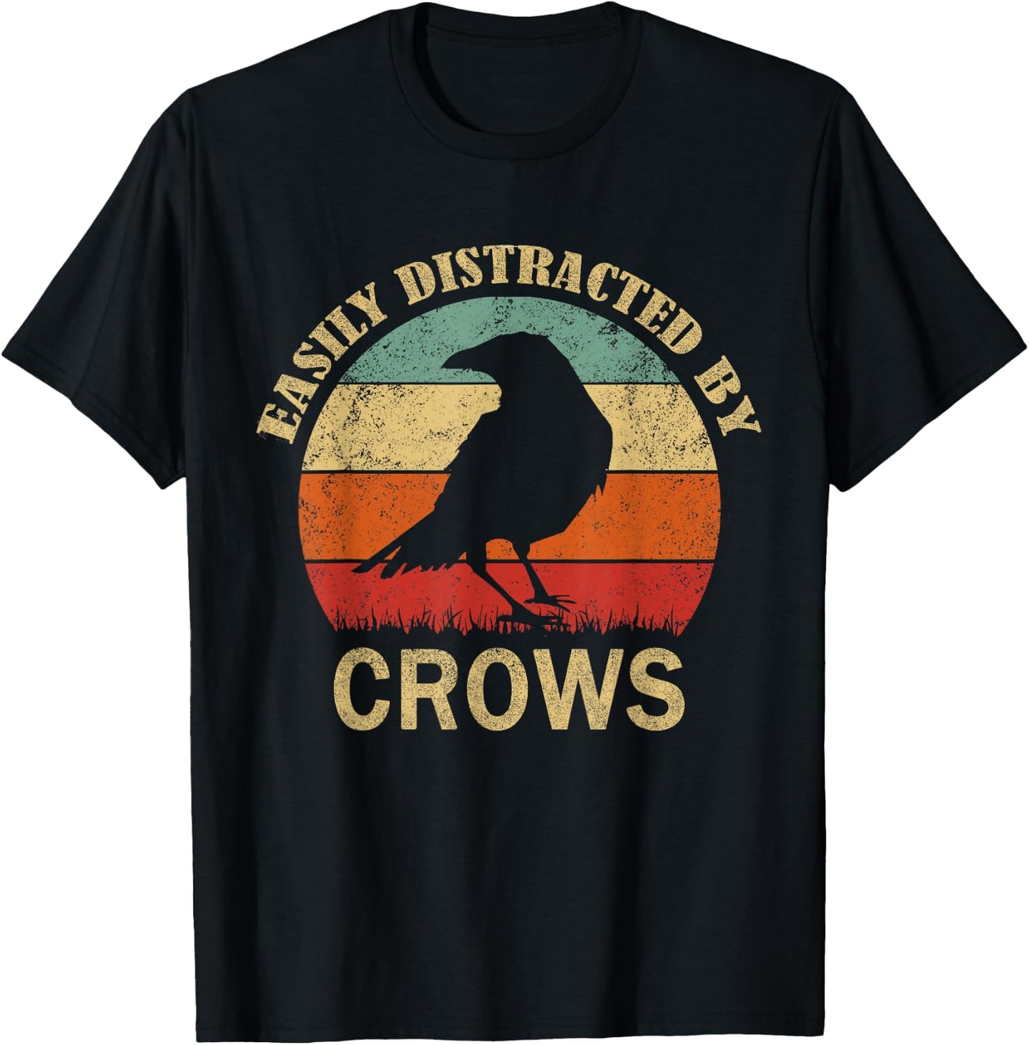 Easily Distracted By Crows | Retro Funny BIrd Lover Crow T-Shirt - T-Shirt | Black