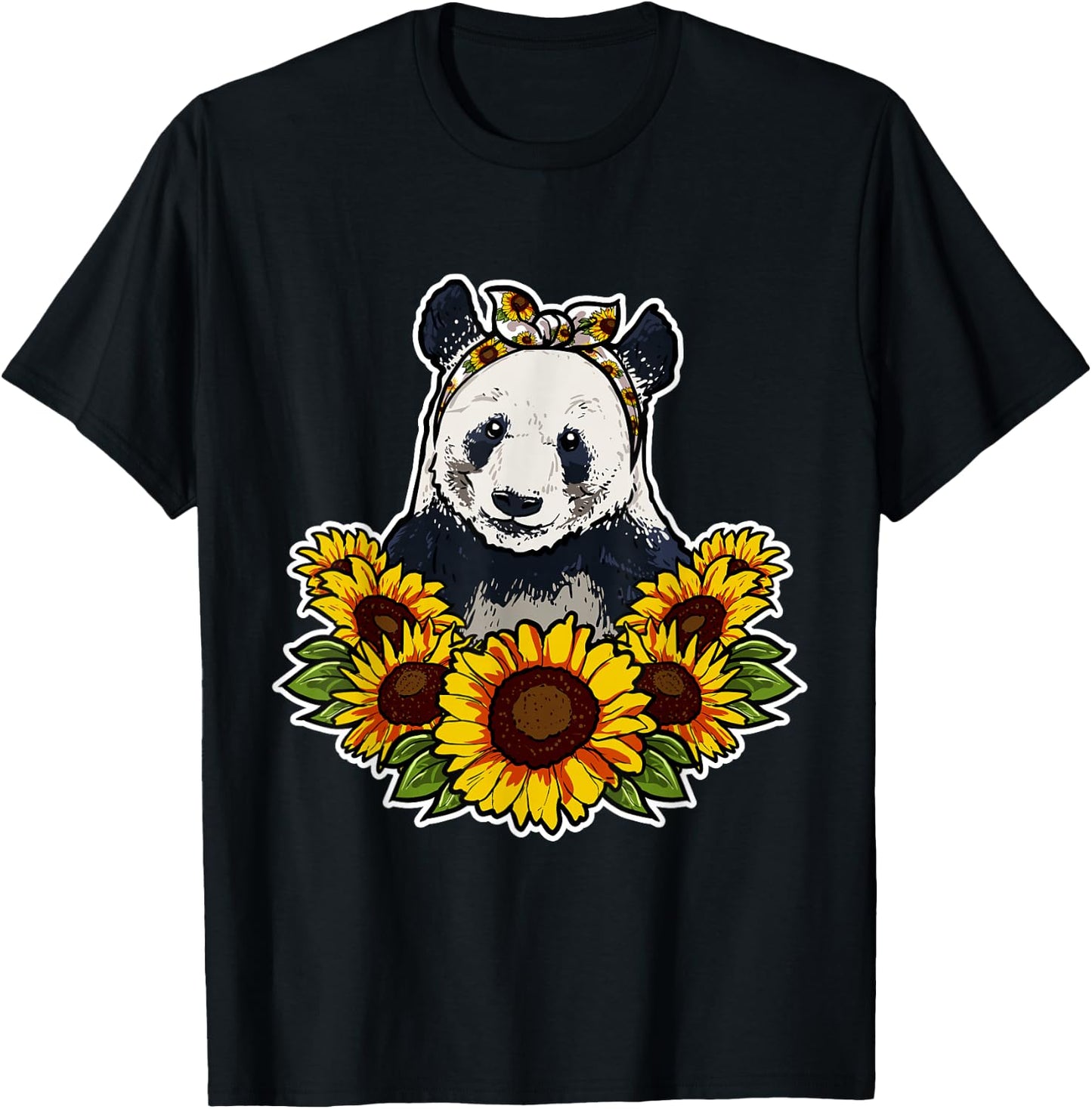 Cute Panda Love Gift Sunflowers Decor Panda T-Shirt - T-Shirt | Black