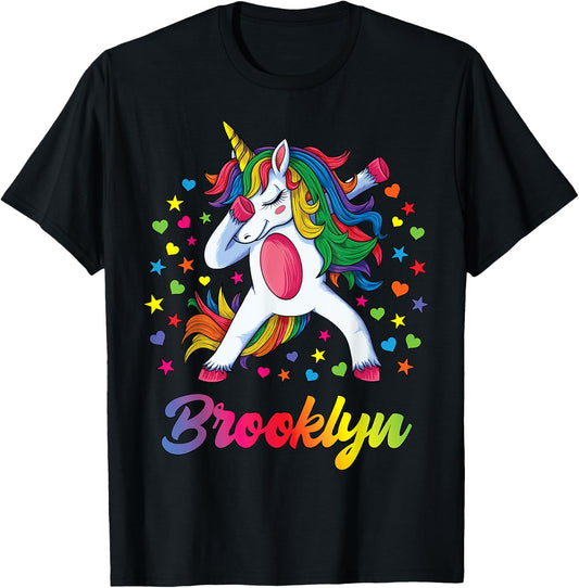 Brooklyn Dabbing Unicorn Rainbow Personalized Name Custom T-Shirt - T-Shirt | Black