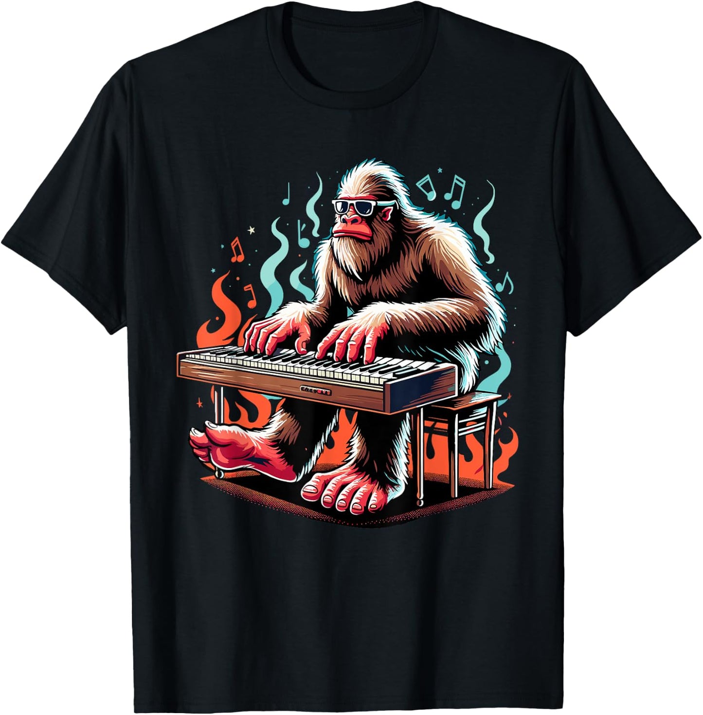 Bigfoot Playing Piano Cool Jazz Piano Sasquatch T-Shirt - T-Shirt | Black