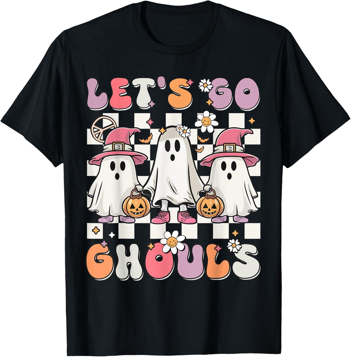 Women Girls Let's Go Ghouls Halloween Retro Ghost Costume T-Shirt - T-Shirt | Black