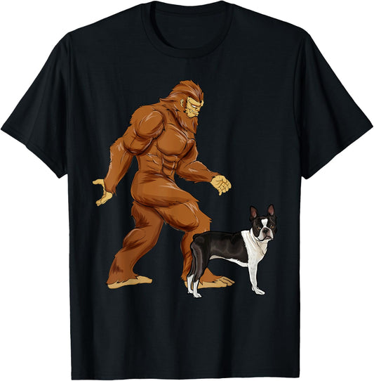 Funny Bigfoot Walking Boston Terrier Sasquatch Dog T-Shirt - T-Shirt | Black