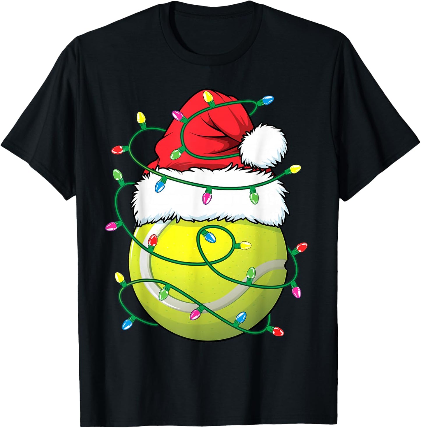 Funny Christmas Tennis Ball Santa Hat Xmas Lights T-Shirt - T-Shirt | Black
