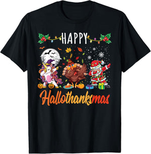 Happy Hallothanksmas Shirt Thanksgiving Halloween Christmas T-Shirt - T-Shirt | Black