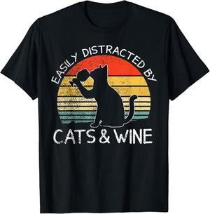 Easily Distracted By Cats And Wine Funny Cat Drinking Lovers Men Women T-Shirt - T-Shirt | Black