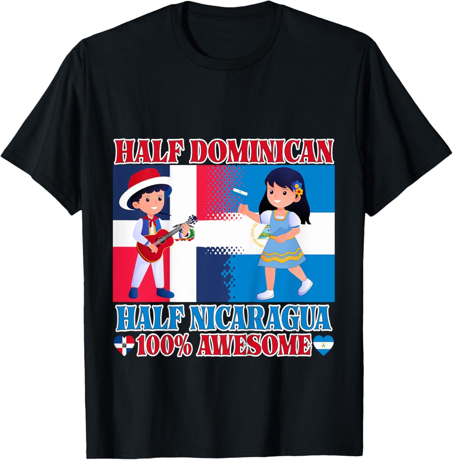 Half Nicaraguan Half Dominican Republic Flag Toddler Girls T-Shirt - T-Shirt | Black