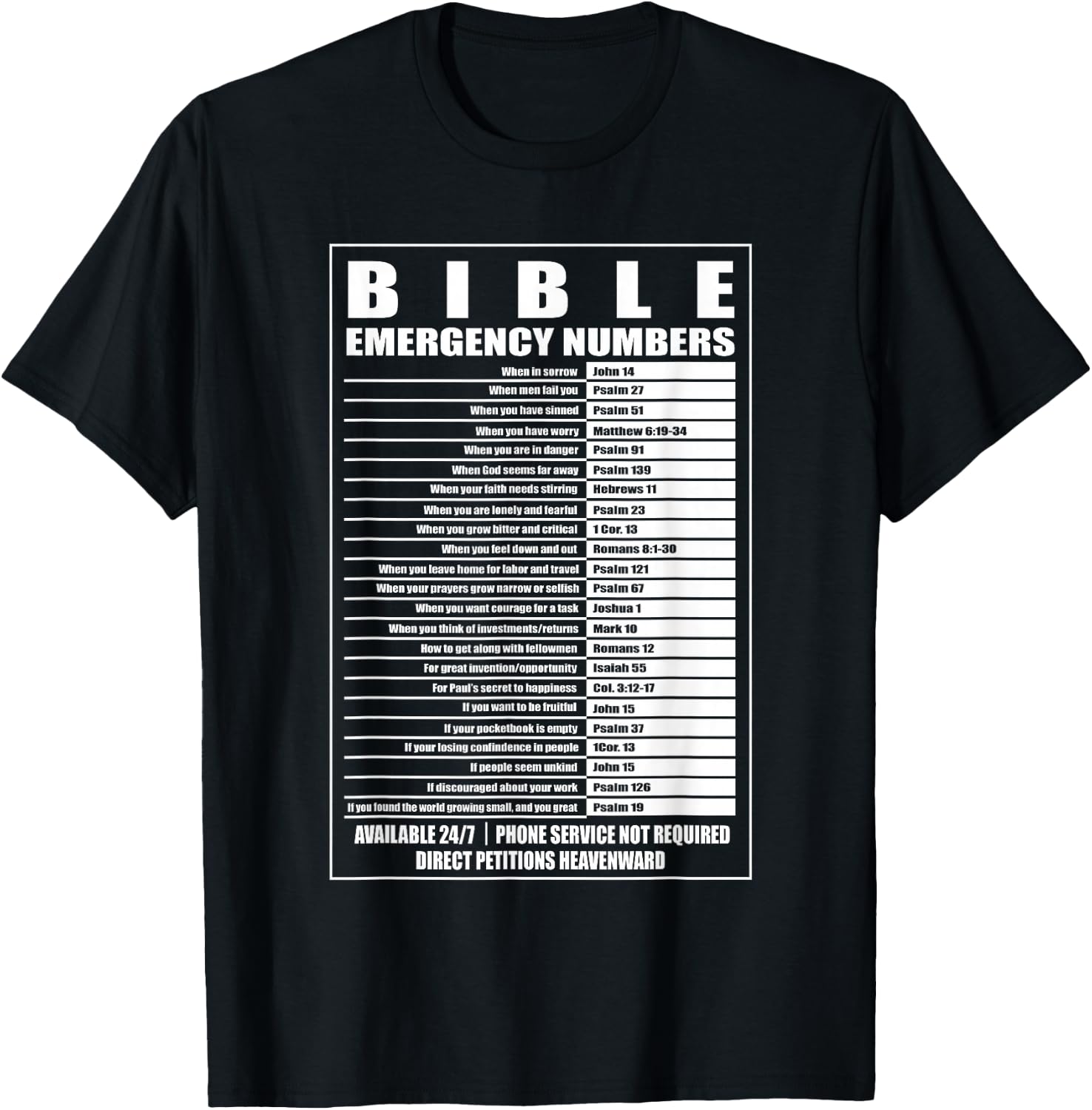 Bible Emergency Numbers Religious Christian T-Shirt - T-Shirt | Black