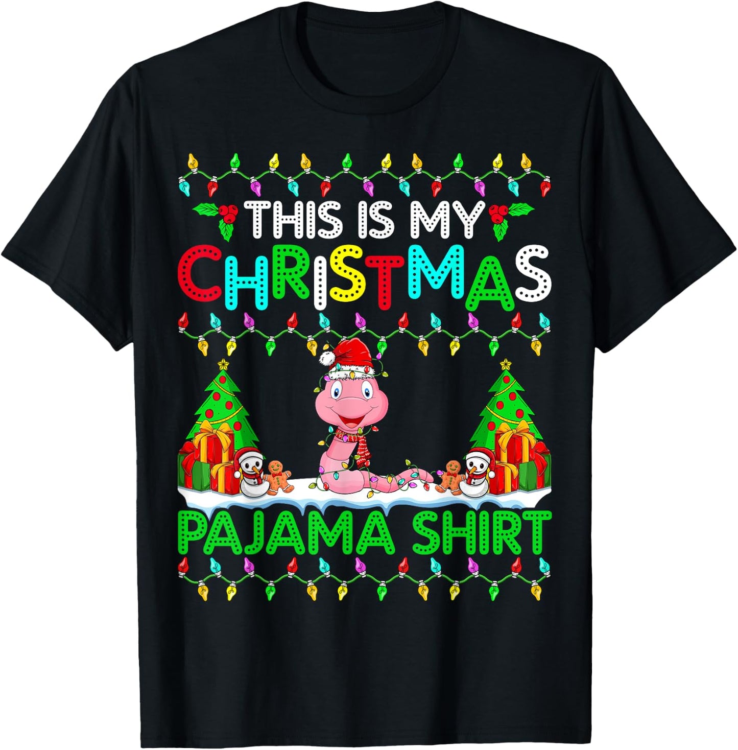 Worm Christmas Xmas Santa Hat Pajama Shirt - Worm Lover T-Shirt - T-Shirt | Black
