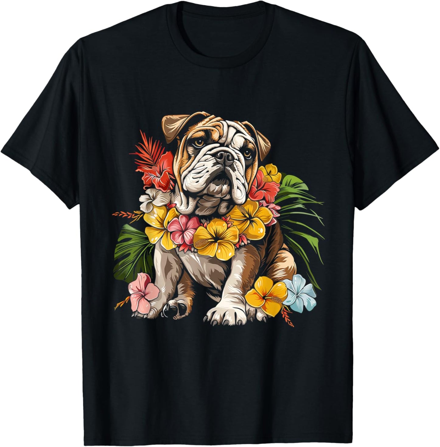 Bulldog Hawaiian Flowers Hibiscus Hula Hawaii Dog T-Shirt - T-Shirt | Black