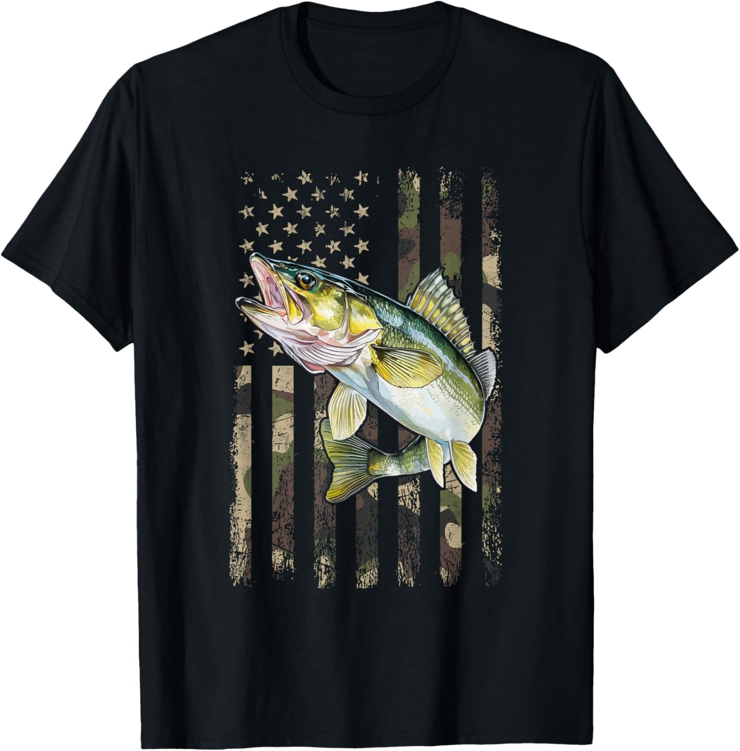 Walleye Camo American Flag, Fishing Walleye T-Shirt - T-Shirt | Black