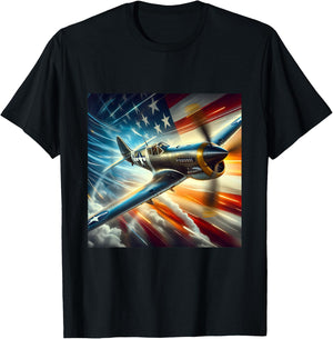 P-40 Warhawk | North American Aviation WW2 P40 US Flag T-Shirt - T-Shirt | Black