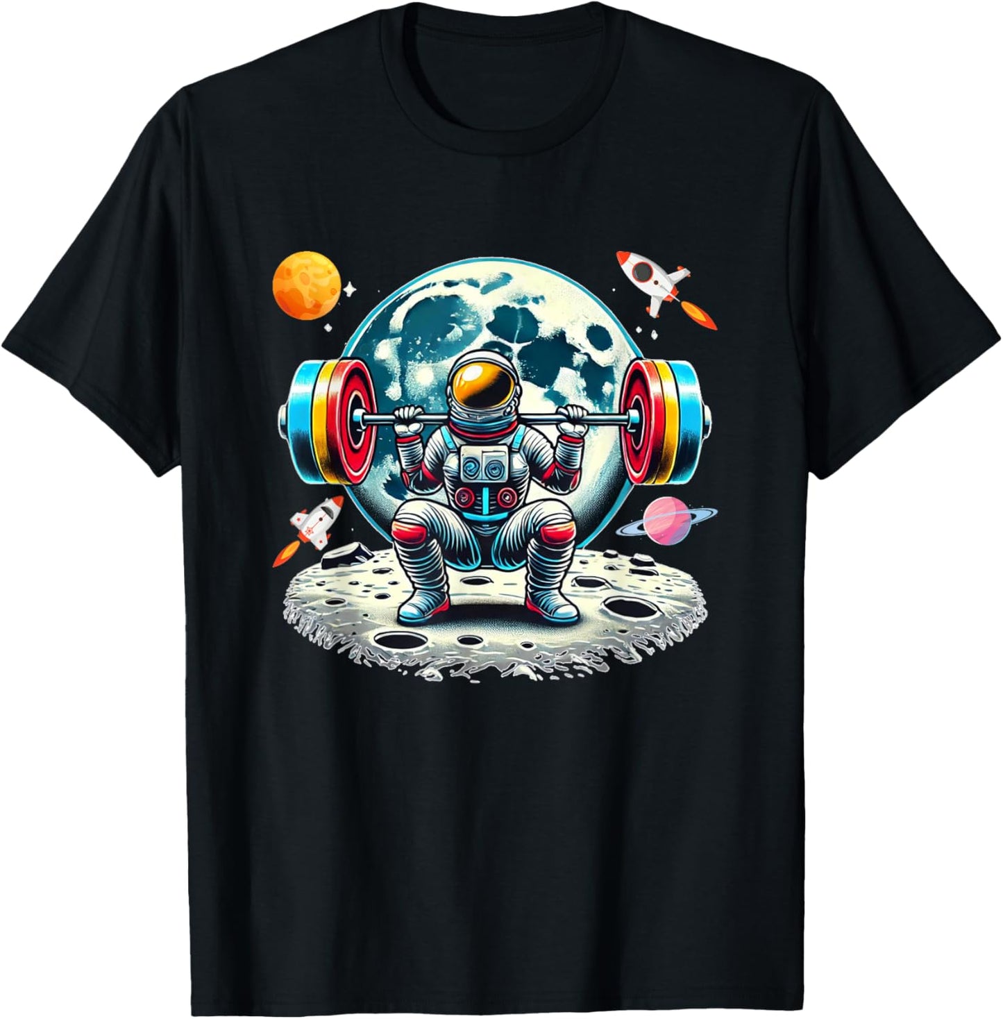 Funny Astronaut Working Out Gym Barbell Squats Outer Space T-Shirt - T-Shirt | Black