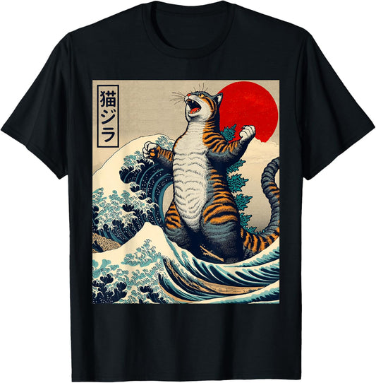 Catzilla Cat Japanese Art Funny Cat Gifts Women Kids T-Shirt - T-Shirt | Black