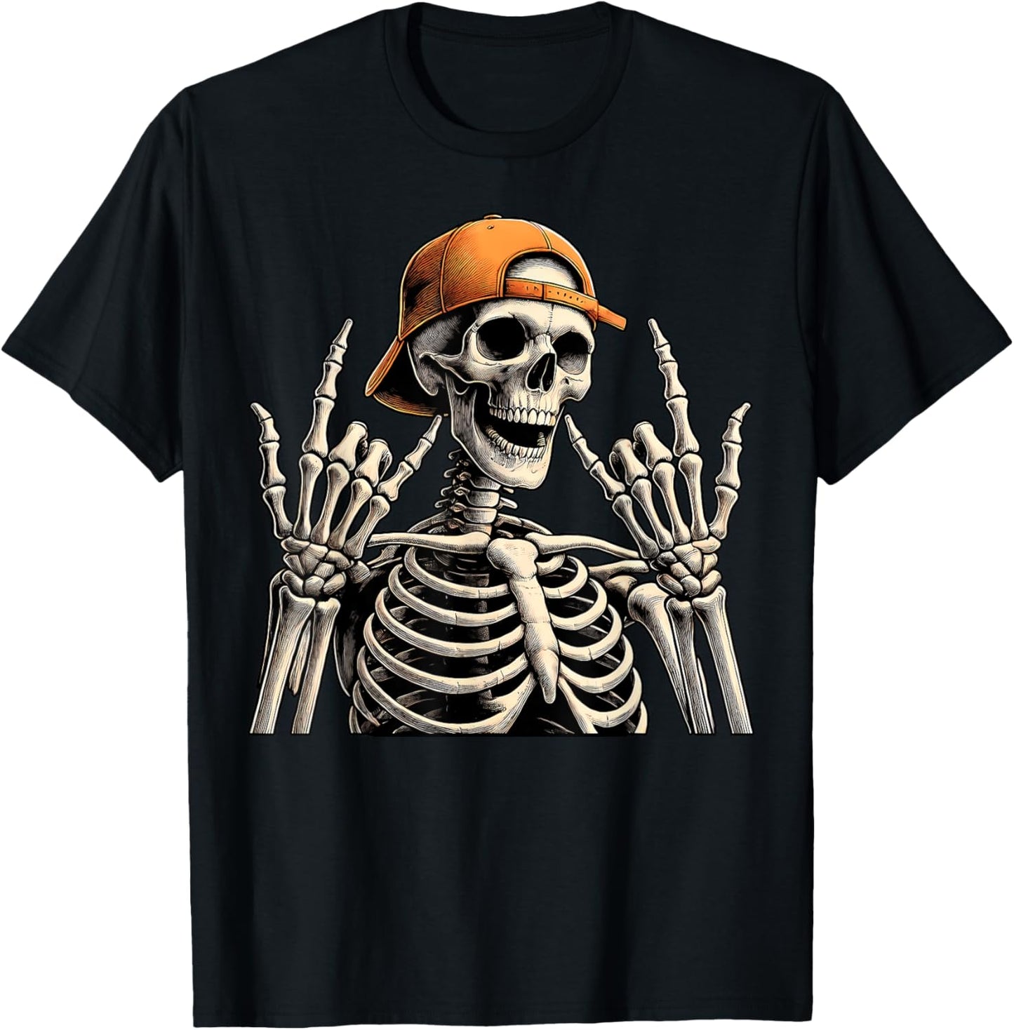 Retro Skeleton Halloween Rock Hand Sign Rock N Roll 90s T-Shirt - T-Shirt | Black