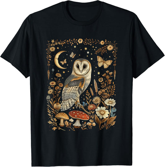 Cottagecore Aesthetic Cute Owl Stars and Moon T-Shirt - T-Shirt | Black