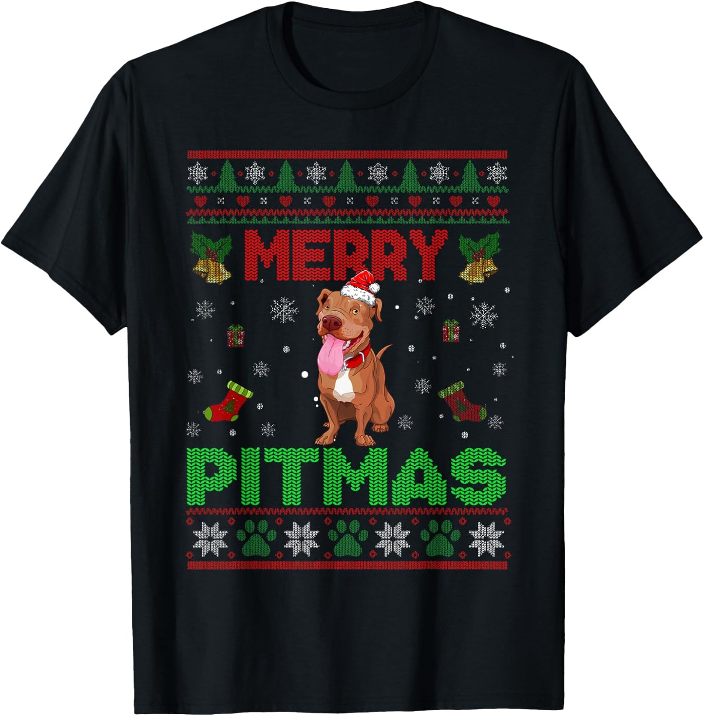 Merry Pitmas Funny Pit Bull Christmas Sweater Gifts T-Shirt - T-Shirt | Black