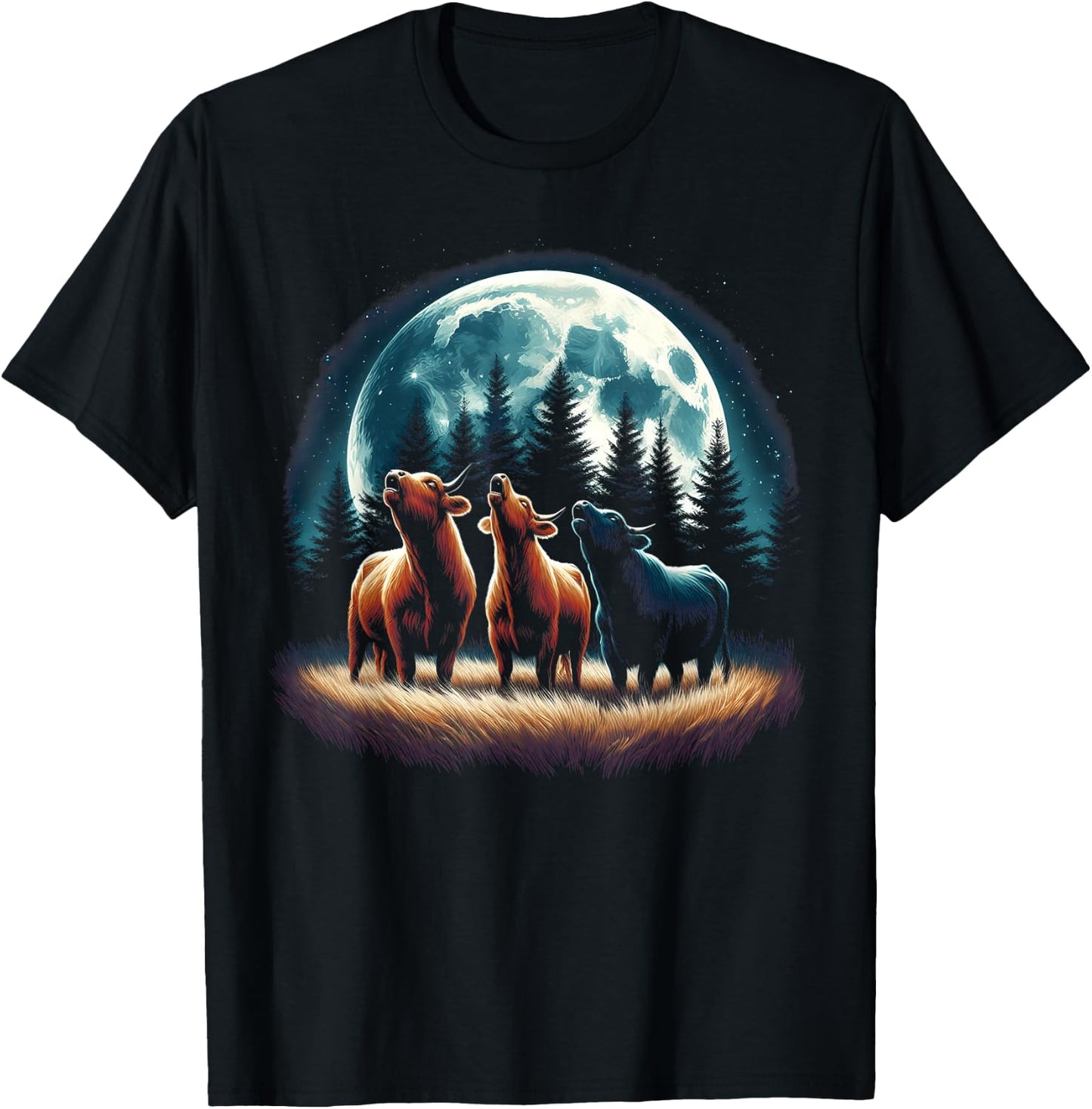 3 Cows Howling At The Moon Wolf Animal T-Shirt - T-Shirt | Black