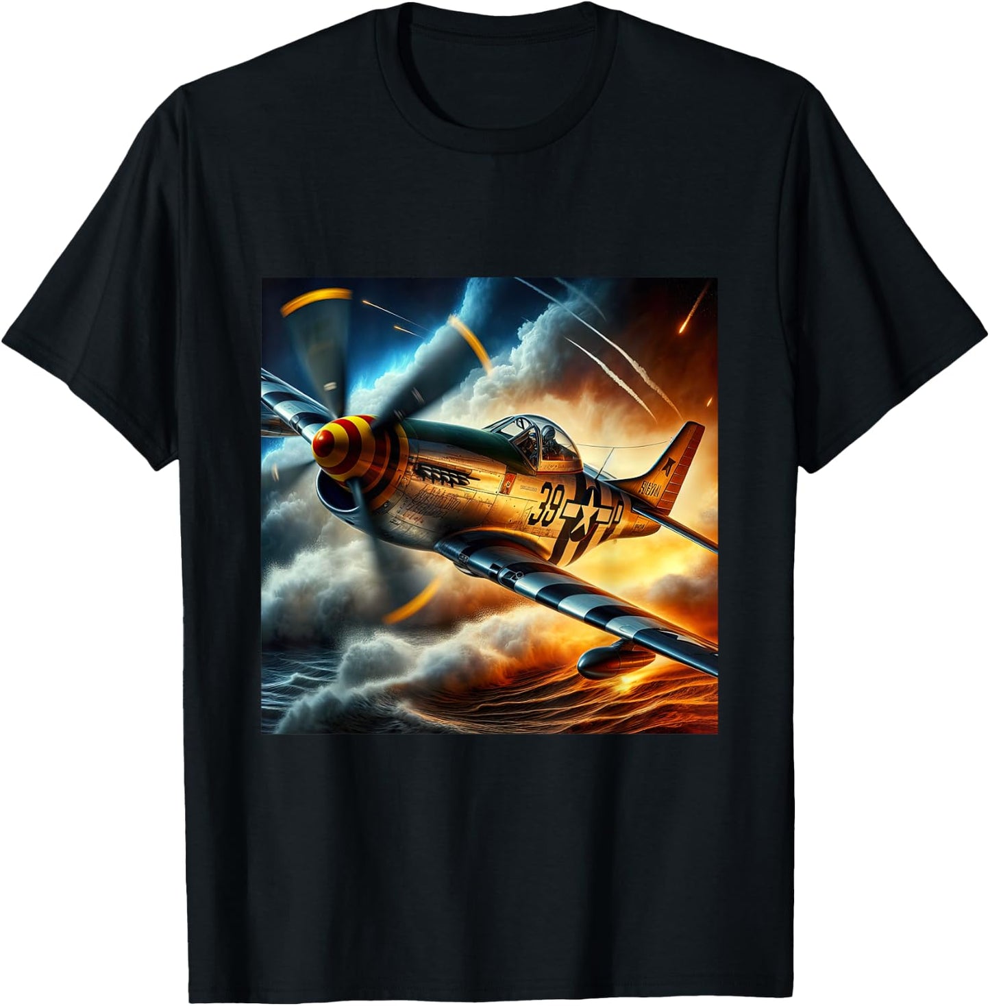 WWII Warbirds | P-51 Mustang in Dynamic Flight in the Sky T-Shirt - T-Shirt | Black