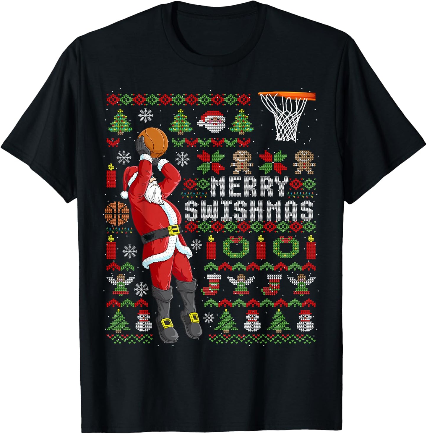 Merry Swishmas Ugly Christmas Basketball Christmas T-Shirt - T-Shirt | Black