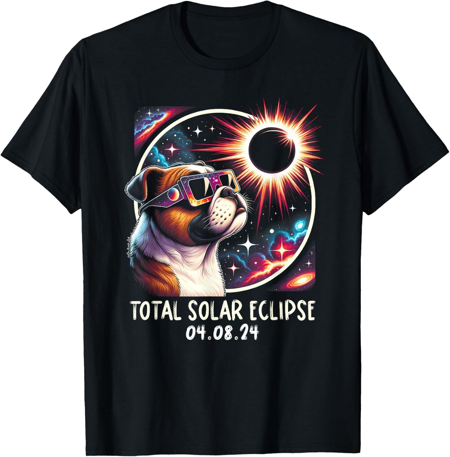 Solar Eclipse Bulldog Wearing Glasses Pet April 8 2024 Women Kids T-Shirt - T-Shirt | Black